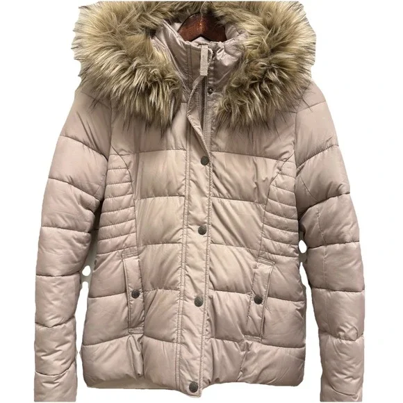 Abercrombie & Fitch Women Puffer Jacket Hooded Beige XS - Picture 1 of 7